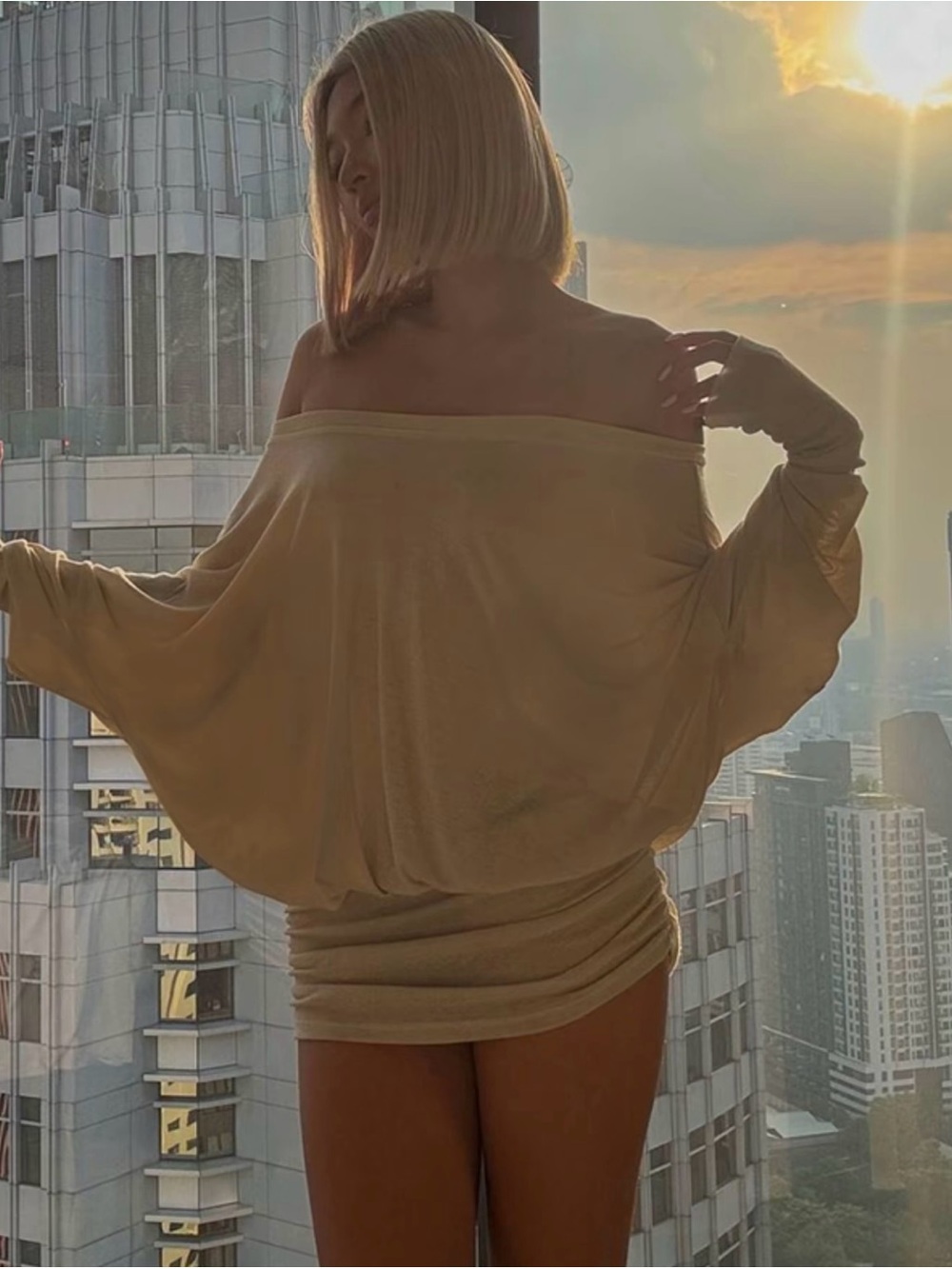Women’s Sheer Off-The-Shoulder Long Sleeve Mini Dress in Apricot